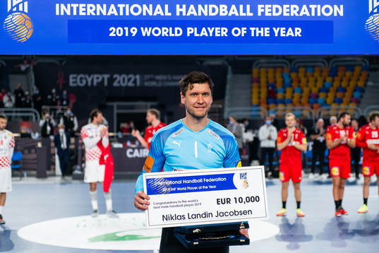 Goalkeeper Niklas Landin Jacobsen of Denmark receives the