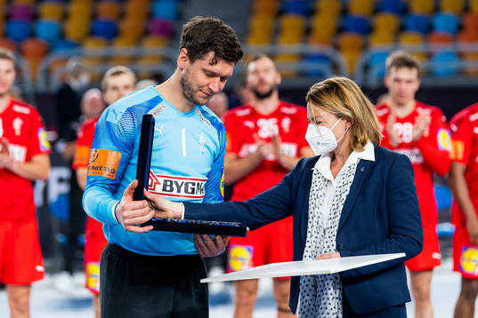 Goalkeeper Niklas Landin Jacobsen of Denmark receives the