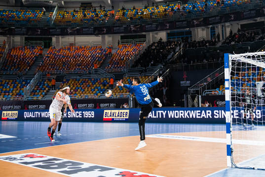 Mikkel Hansen of Denmark with a penalty shot against
