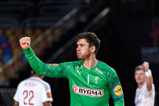 Goalkeeper Niklas Landin Jacobsen of Denmark celebrates