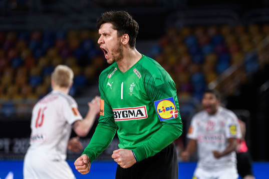 Goalkeeper Niklas Landin Jacobsen of Denmark celebrates