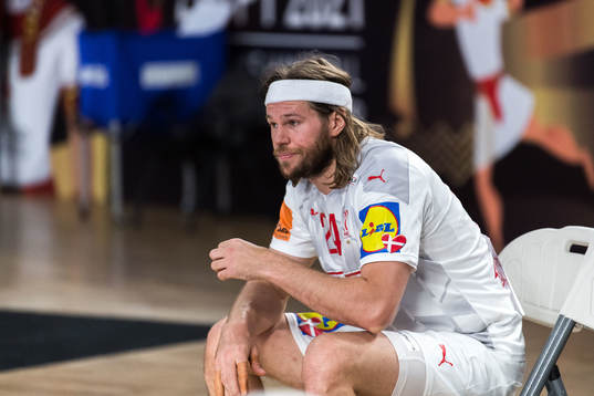 Mikkel Hansen of Denmark looks dejected