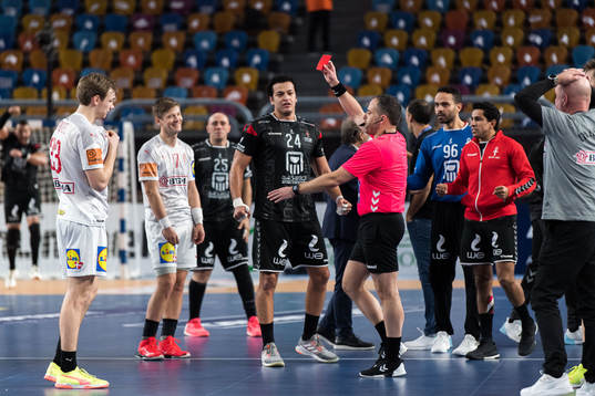 Mikkel Hansen of Denmark (not pictured) is shown a red card