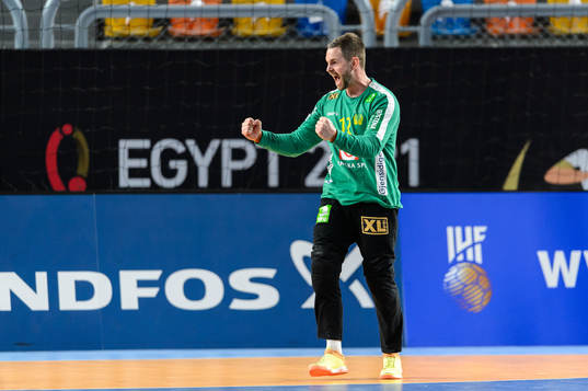 Goalkeeper Andreas Palicka of Sweden celebrates