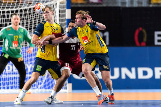Lukas Sandell and Max Darj of Sweden against Yassine Sami