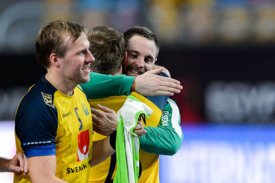 Goalkeeper Andreas Palicka of Sweden celebrates
