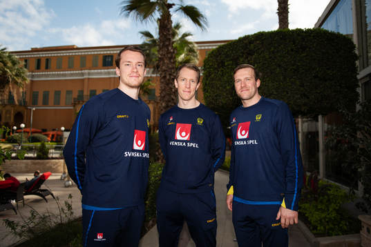 Felix Claar, goalkeeper Mikael Aggefors and Max Darj pose