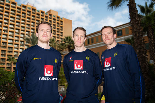 Felix Claar, goalkeeper Mikael Aggefors and Max Darj pose