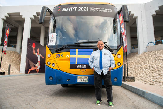 Hicham the bus driver for the Swedish team poses for a