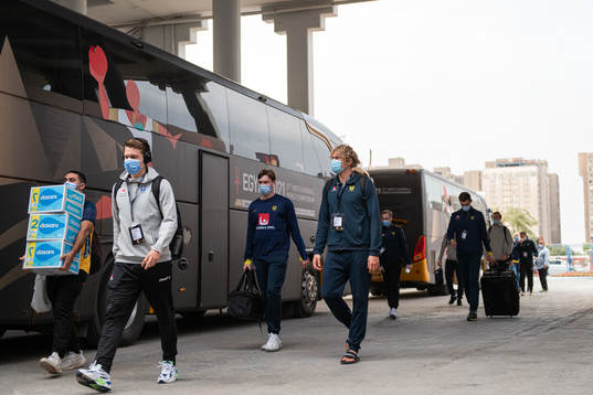 Felix Claar and Alfred Jönsson of Sweden arrive to the