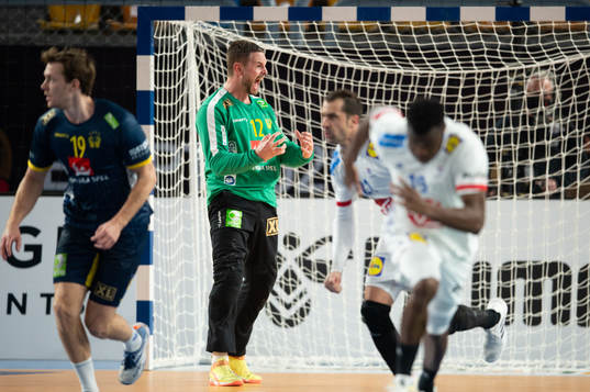 Goalkeeper Andreas Palicka of Sweden celebrates