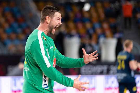 Goalkeeper Andreas Palicka of Sweden celebrates