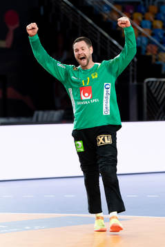 Goalkeeper Andreas Palicka of Sweden celebrates