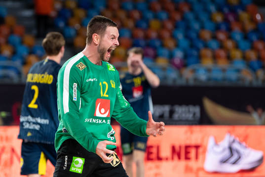 Goalkeeper Andreas Palicka of Sweden celebrates