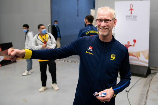 Mats Olsson, goalkeeper coach of Sweden celebrates