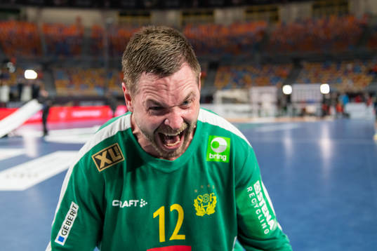 Goalkeeper Andreas Palicka of Sweden celebrates