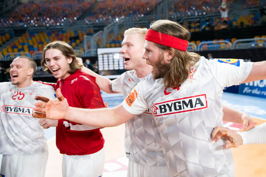 Mikkel Hansen of Denmark celebrate