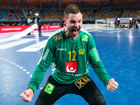 Goalkeeper Andreas Palicka of Sweden celebrates