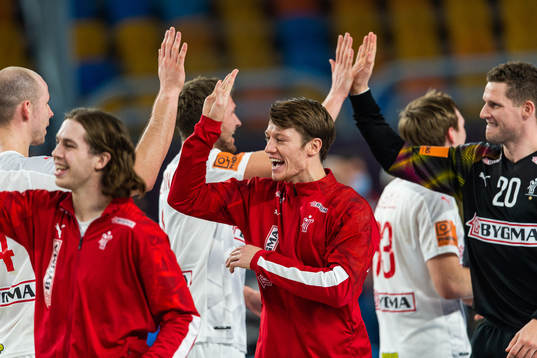 Emil Jakobsen of Denmark celebrates with team mates