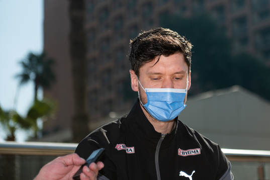 Goalkeeper Niklas Landin Jacobsen is interviewed