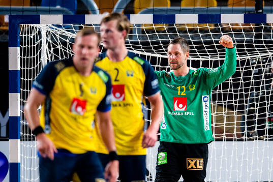 Goalkeeper Andreas Palicka of Sweden celebrates