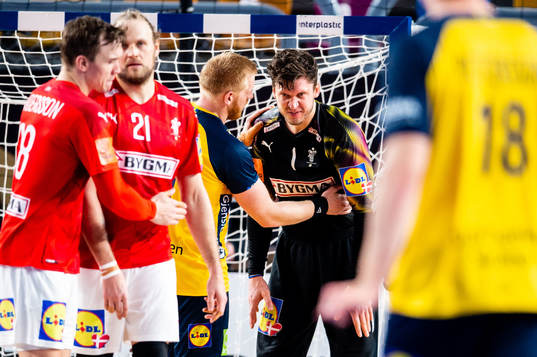 Jim Gottfridsson of Sweden talks to Goalkeeper Niklas