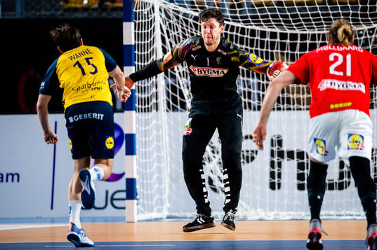 Goalkeeper Niklas Landin Jacobsen of Denmark saves