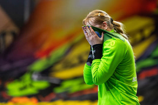 Kristianstads målvakt Freja Hammer Fagerberg deppar
