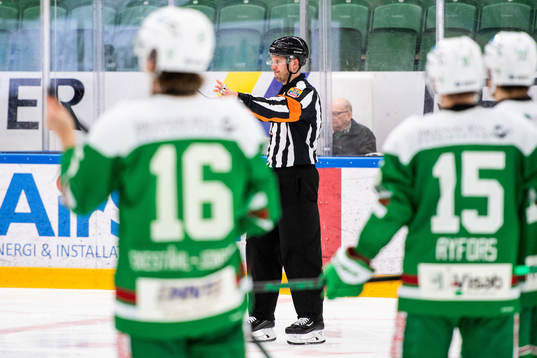 Domare Johan Magnusson signalerar för mål