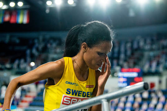 Meraf Bahta of Sweden looks dejected