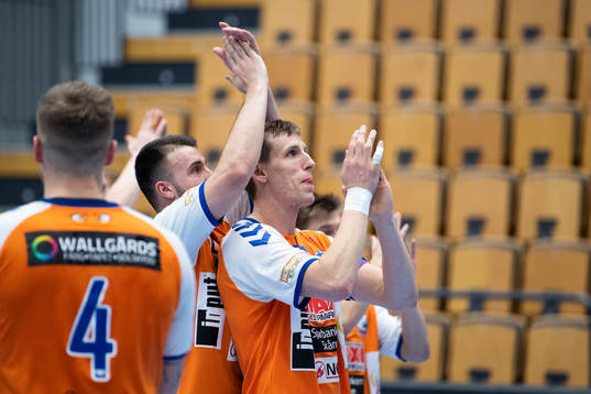 Kristianstads Gregor Ocvirk och Olafur Gudmundsson jublar