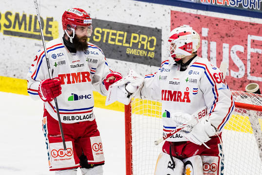 Timrås Per Svensson och målvakt Adam Ohre jublar