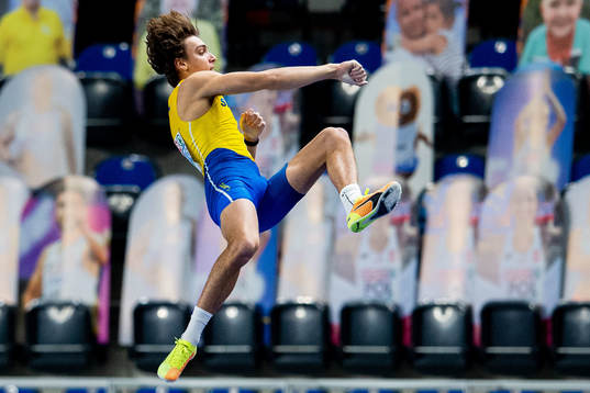 Armand Duplantis of Sweden celebrates when competing in