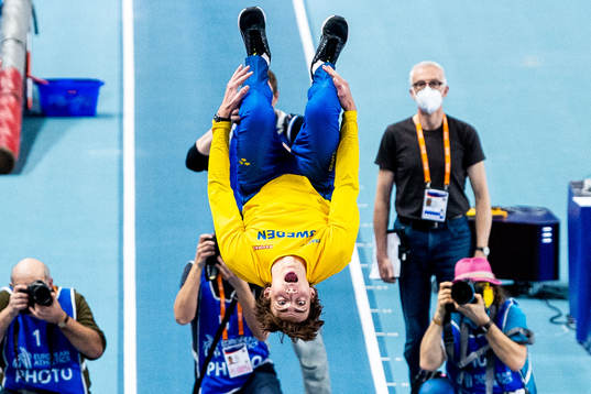 Armand Duplantis of Sweden celebrates while competing in