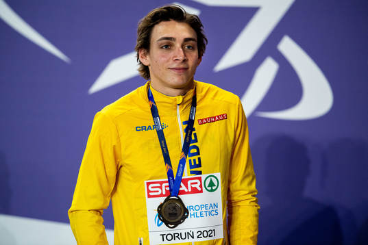 Armand Duplantis of Sweden at the podium