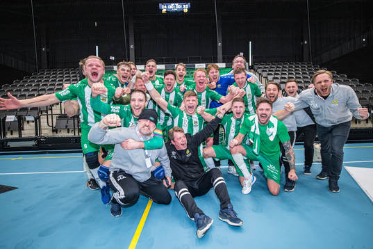 Hammarbys spelare och ledare jublar