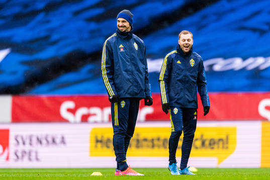 Zlatan Ibrahimovic and Sebastian Larsson of Sweden