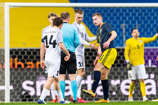 Dejan Kulusevski of Sweden reacts against referee Marco