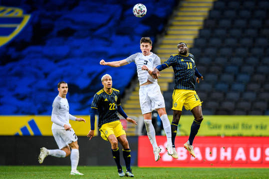 Robin Quaison and Ken Sema of Sweden against Maksim