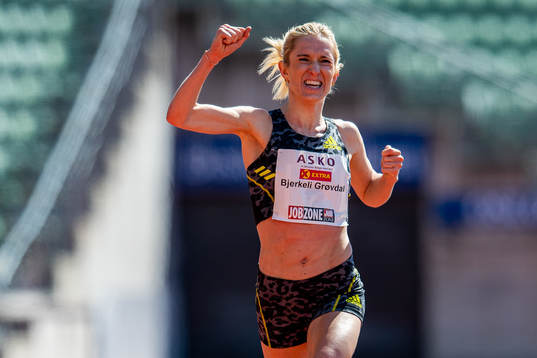 Karoline Bjerkeli Grøvdal of Norway celebrates in the