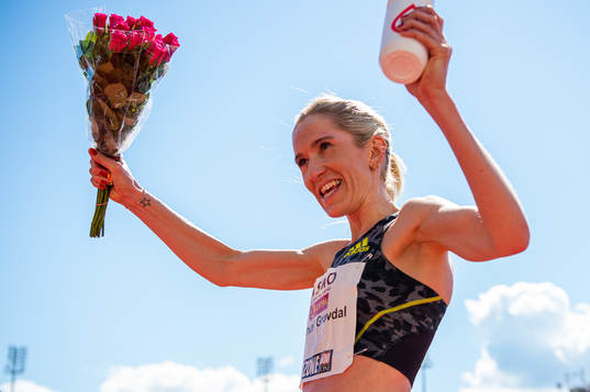 Karoline Bjerkeli Grøvdal of Norway celebrates