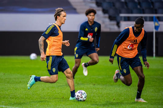Kristoffer Olsson and Alexander Isak  of the Swedish