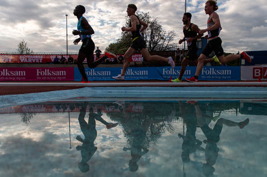 Deltagare speglas i vatten i herrarnas 5000 meter