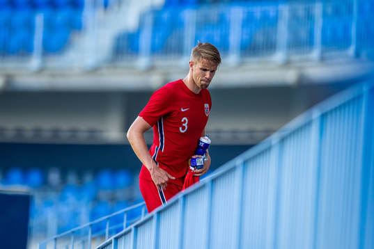 Kristoffer Ajer of Norway looks dejected in the stands