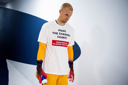 Goalkeeper André Hansen of Norway wearing a t-shirt with