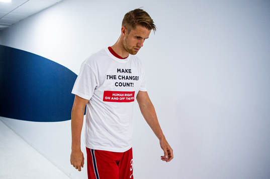 Kristoffer Ajer of Norway wearing a t-shirt with the