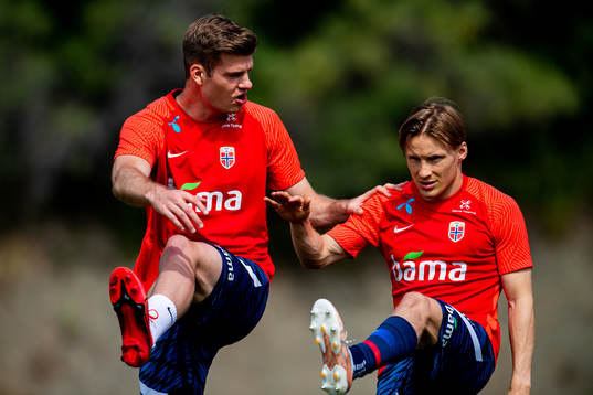 Alexander Sørloth and Jonas Svensson of the Norwegian