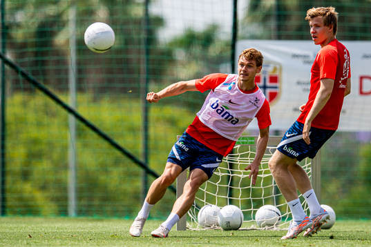 Julian Ryerson and Jens Petter Hauge of the Norwegian