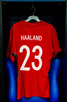 The shirt of Erling Braut Haaland of Norway in the dressing