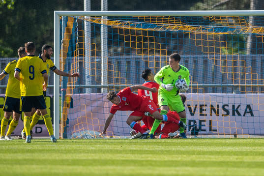Goalkeeper Samuel Brolin of Sweden and Eldin Dzogovic and